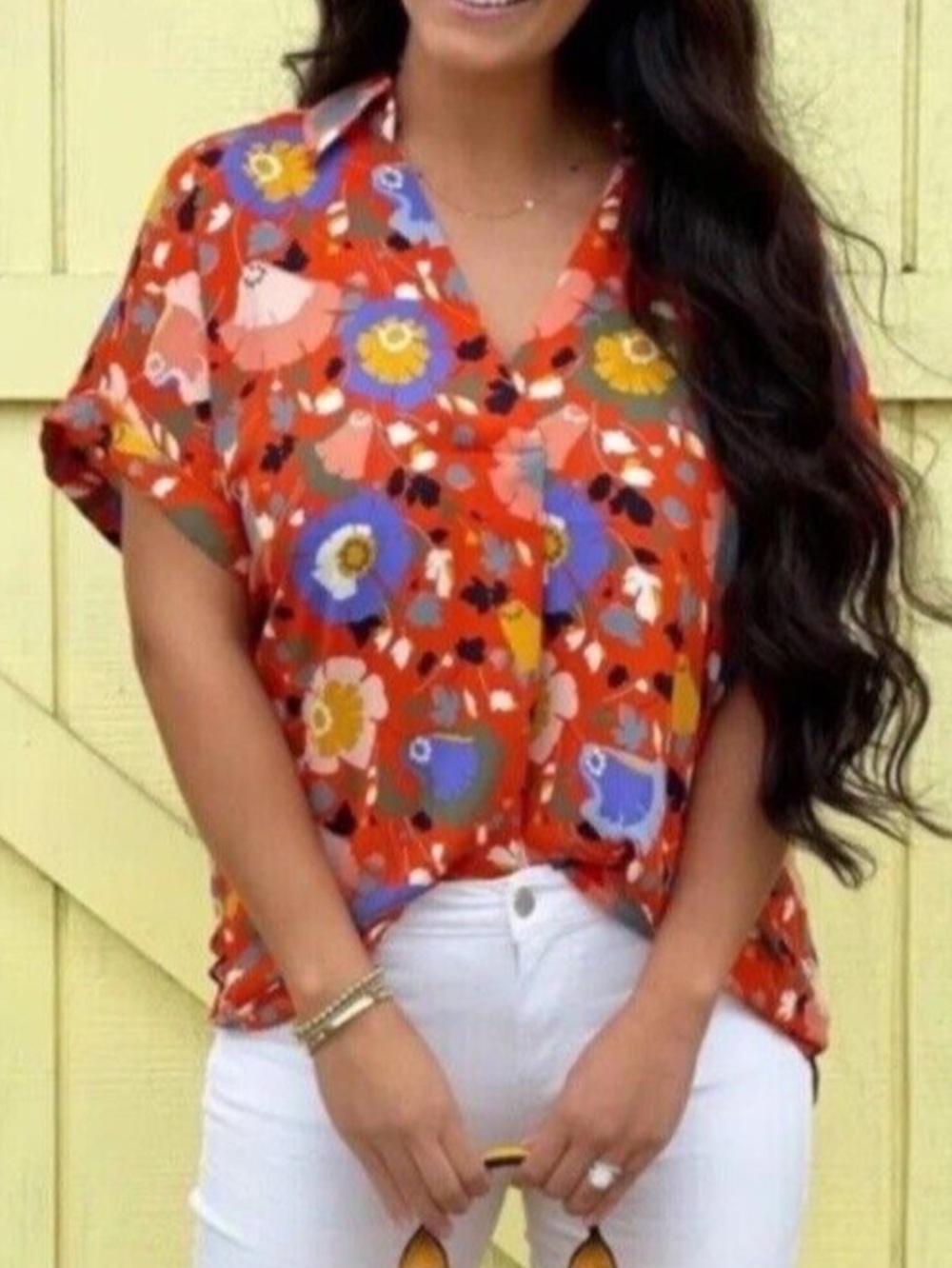Cabi Visionary Replay Orange Floral Womens Blouse Large